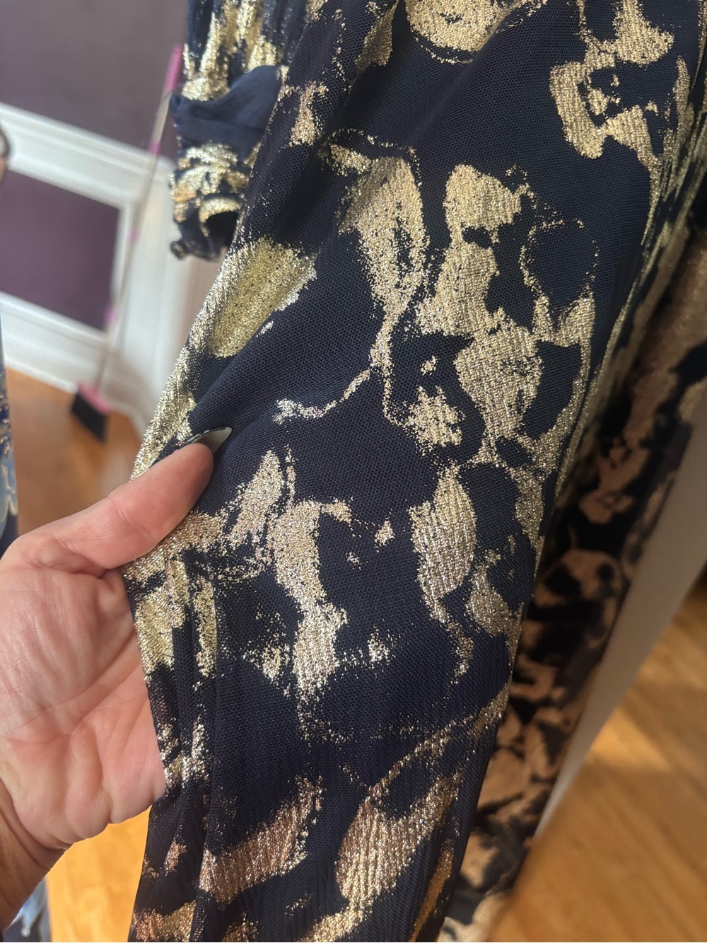 Betsy & Adam Navy and Gold Floral Metallic V-Neck A-Line Gown - Picture 4 of 5